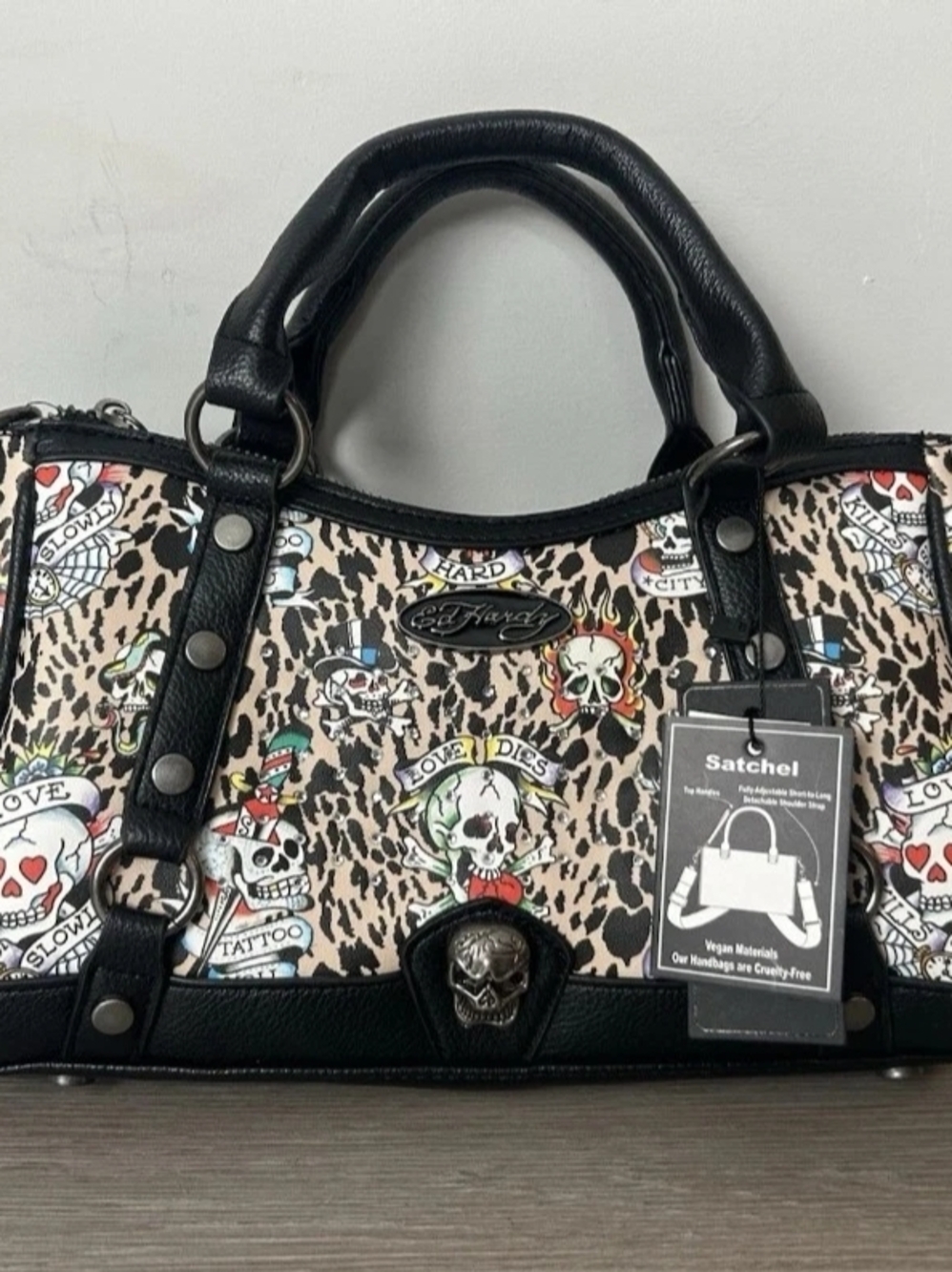 Ed Hardy Black and Beige Leopard Skull Print Satchel